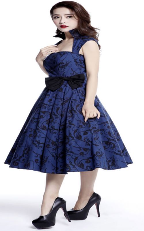 ROCKY BLUE - 50er Rockabilly Kleid mit Kragen - blau/schwarz
